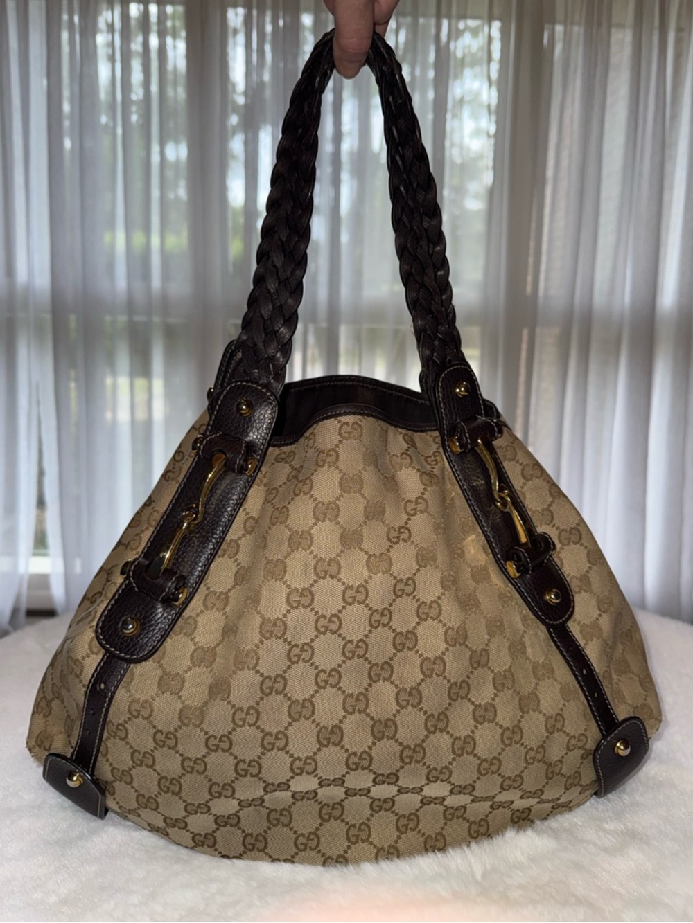 Gucci Tan Monogram Canvas Shoulder Bag with Dark Brown Trim